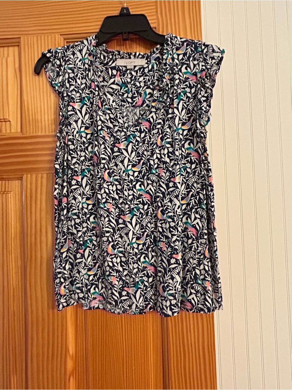 LOFT Navy Floral & Bird Flutter Sleeve Top